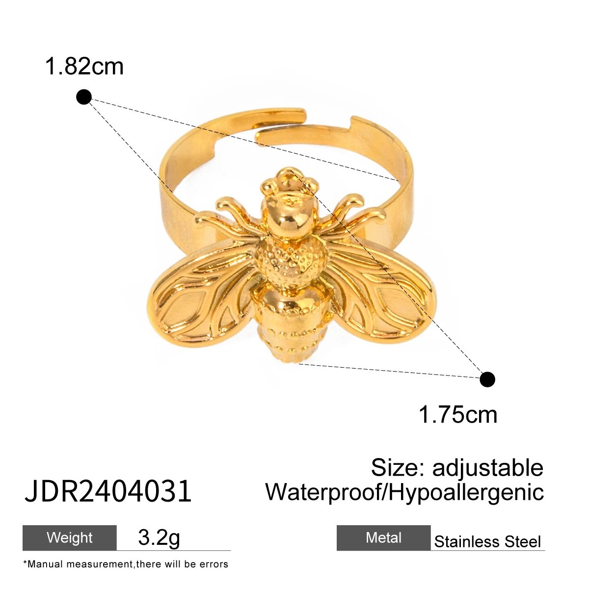 Waterproof 18K PVD Gold Plated Stainless Steel Bee Natural Cute Non Tarnished Ring for Women