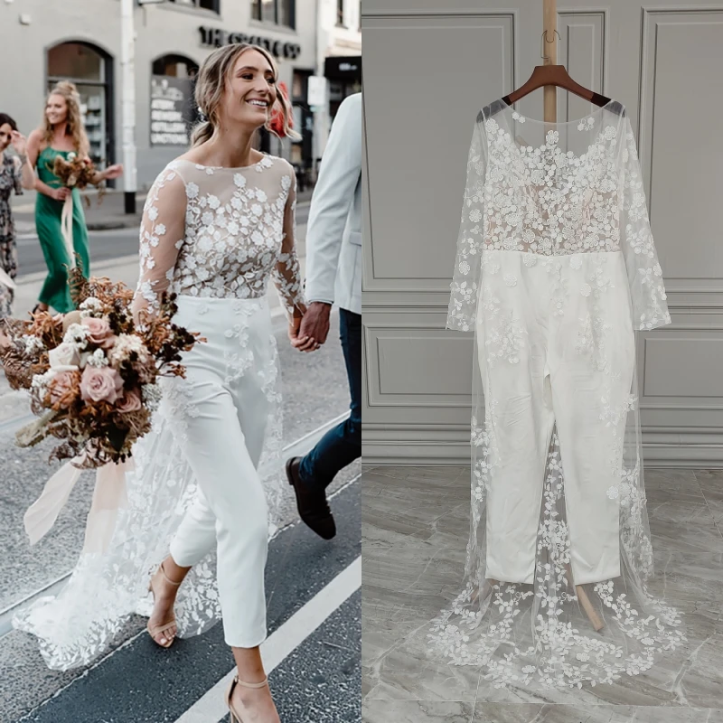 12550 # реальные фотографии с длинным рукавом Цветы Кружева открытой спиной свадебное платье комбинезон для женщин со стреловидным шлейфом