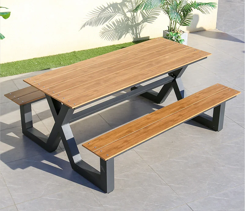 Outdoor restaurant park furniture dining set table with bench metal leg plastic wood table top fast producing