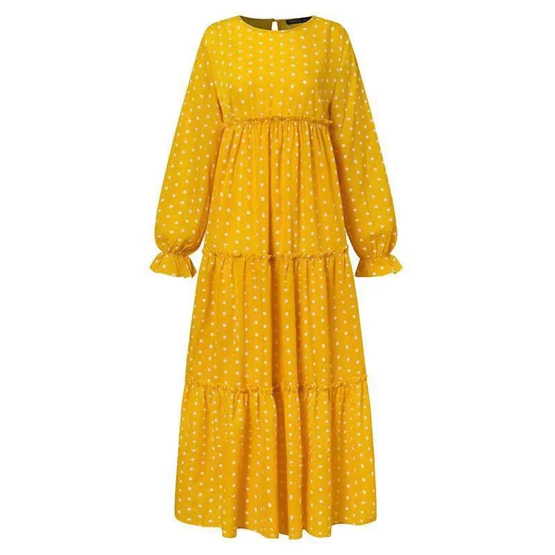 Malaysia Dubai Ramadan Party Ruffle Polka Dot Print Muslim Maxi Dress Casual Robe Islamic clothing dresses