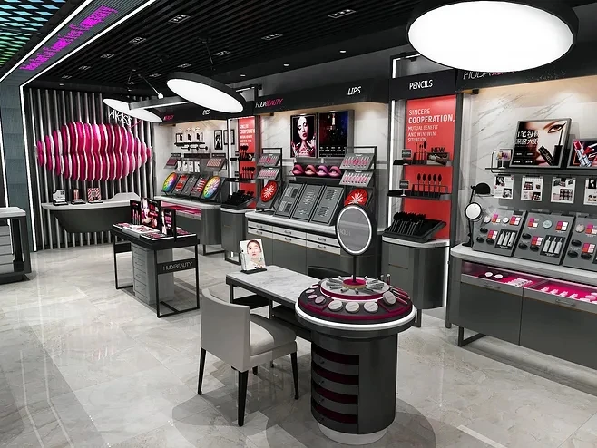 Shopping mall uses special custom made LED light acrylic cosmetic display showcase with makeup mirror