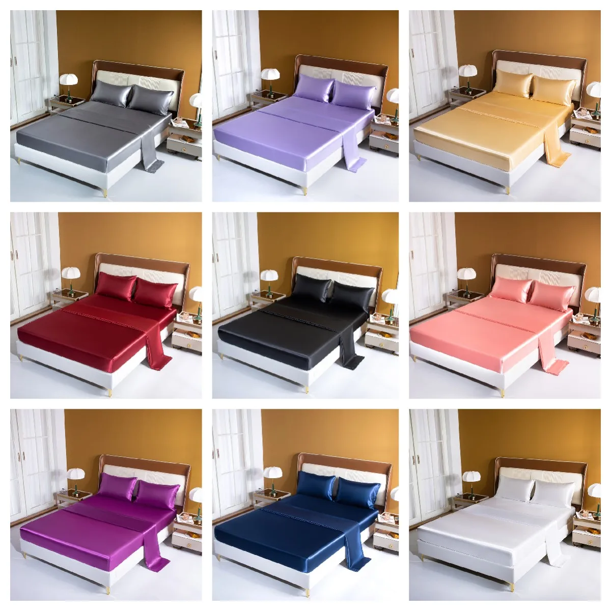 Custom Satin Wholesale High Quality Solid Color Duvet Cover Queen King Fitted Flat Bedsheets Bedding Sets with 4 Pillows Case