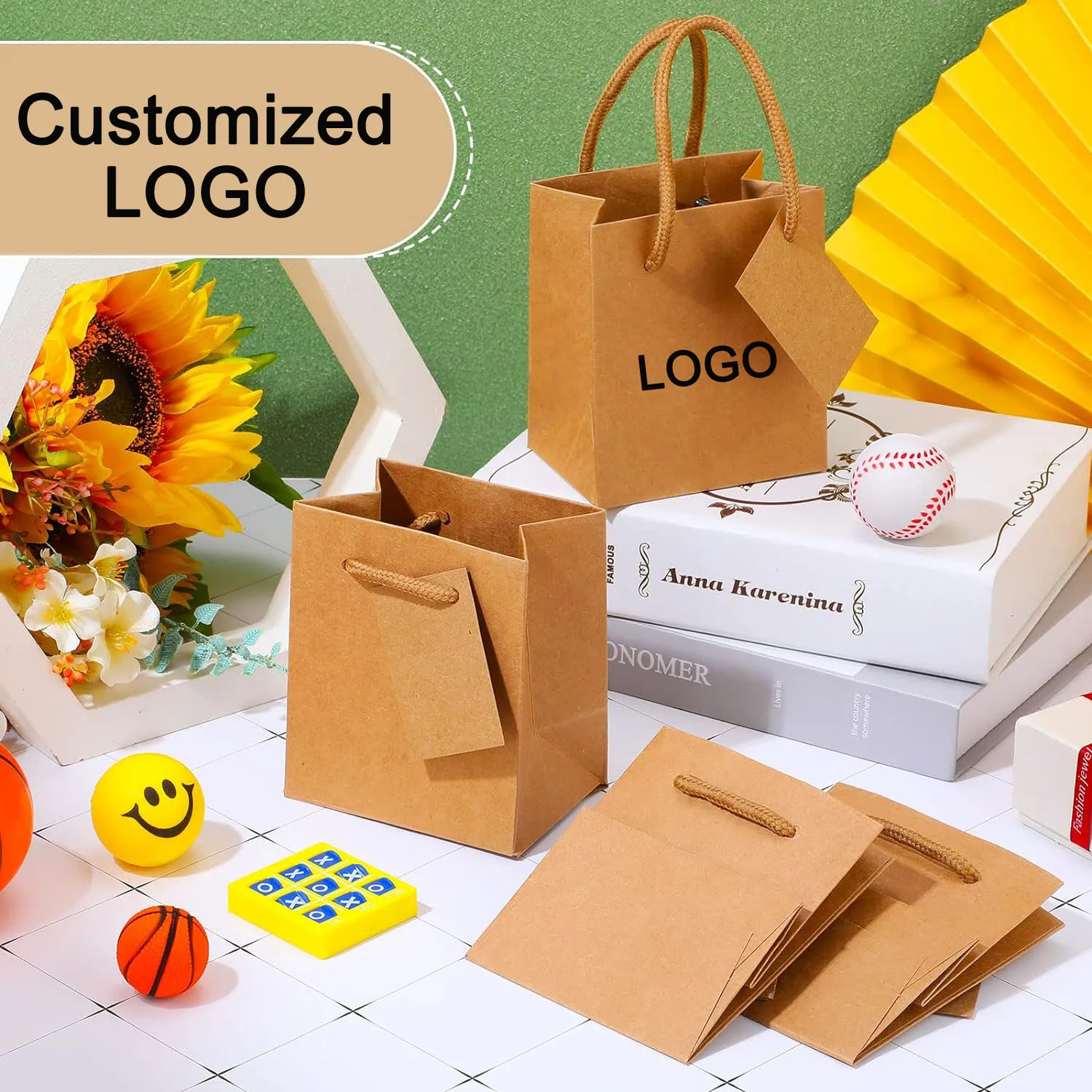 Custom LOGO Mini Bags Brown Kraft Gift Craft Bag With Handle and Card for Gifts