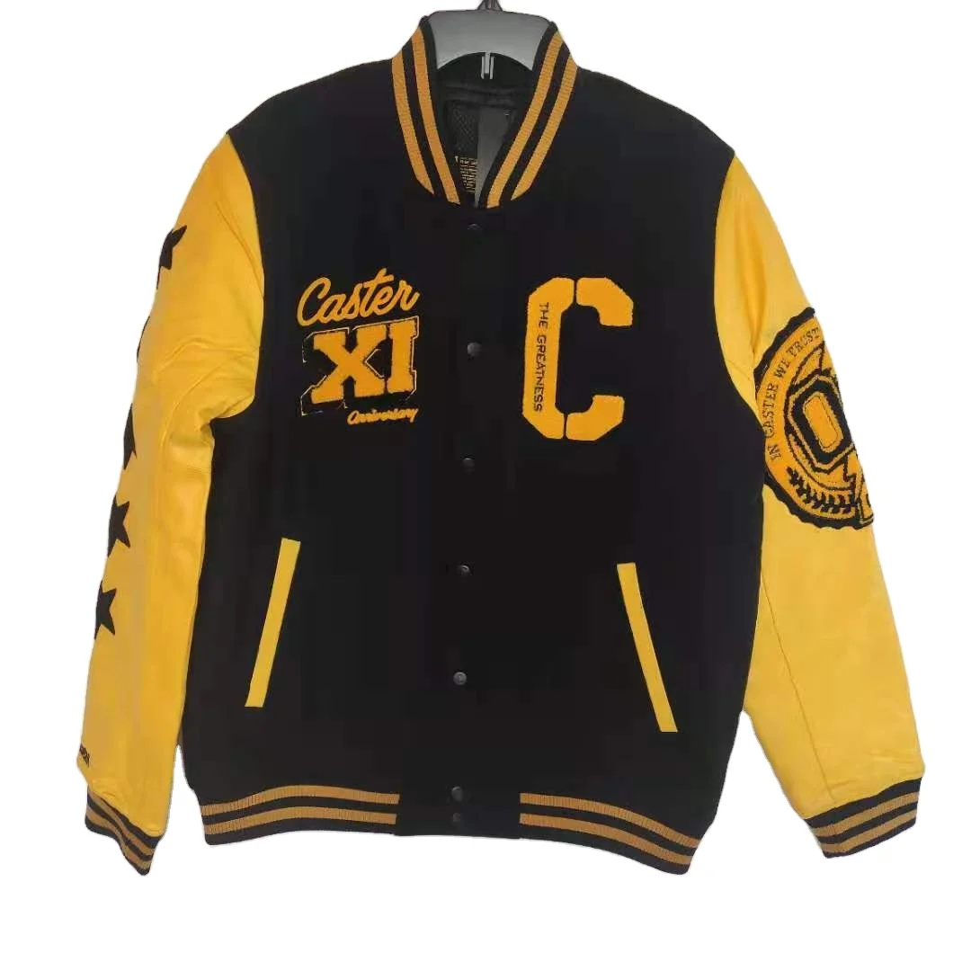 Wholesale custom high quality winter varsity jacket men with leather arms plus size puffer lettermen leather varsity jacket