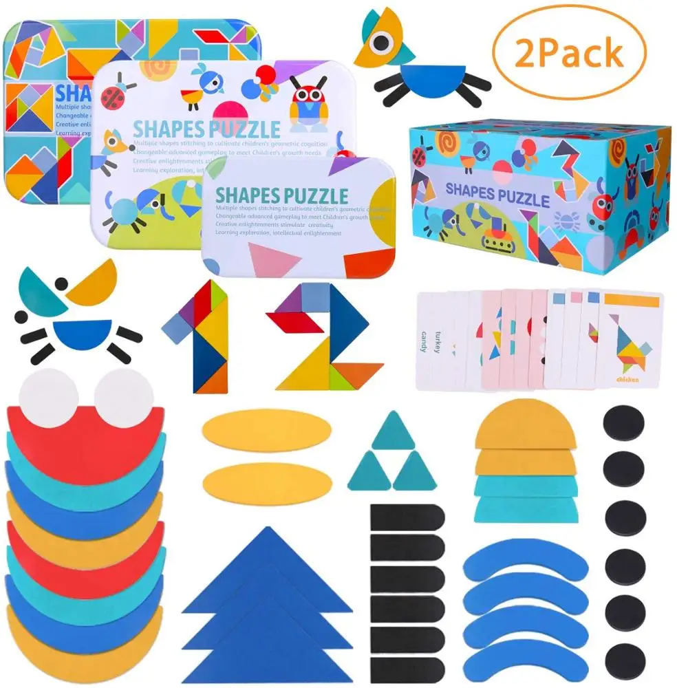 Wooden Pattern Blocks - Tangram Shape Puzzle Set Color Sorting Stacking Game Wood Animal Jigsaw Preschool (60 Pattern Cards)