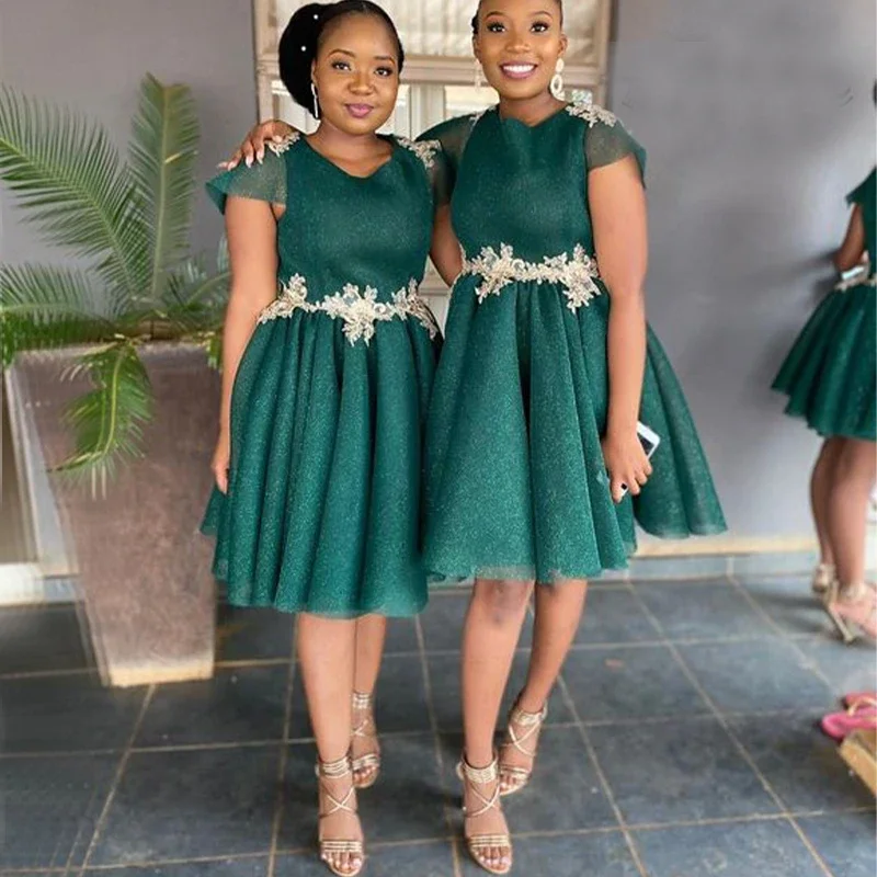 Latest O Neck Zipper Back A Line Knee Length Gold Appliques African Wedding Guest Party Green Short Bridesmaid Dresses MB400