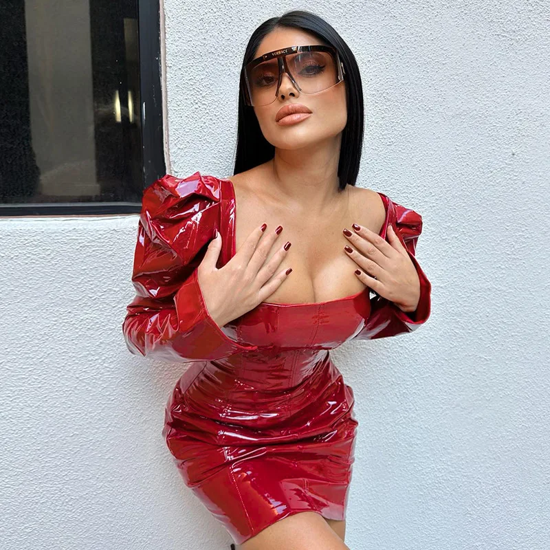 Pu Faux Leather Square Collar Long Sleeve Zipper Back Elegant Mini Evening Dress Fashion Party Club Women Clothing