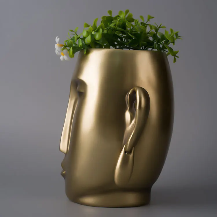 SE7 Custom Unique Other Gold Resin Indoor Home Decor Face Table Bum Flower Pot Floral Buddha Head Vases Flowerpot