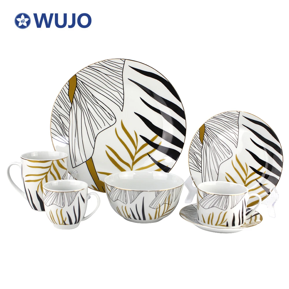 Latest Design Ceramic Dishes Plates Dinner Set Gold Luxury Porcelain Tableware Dinner Set