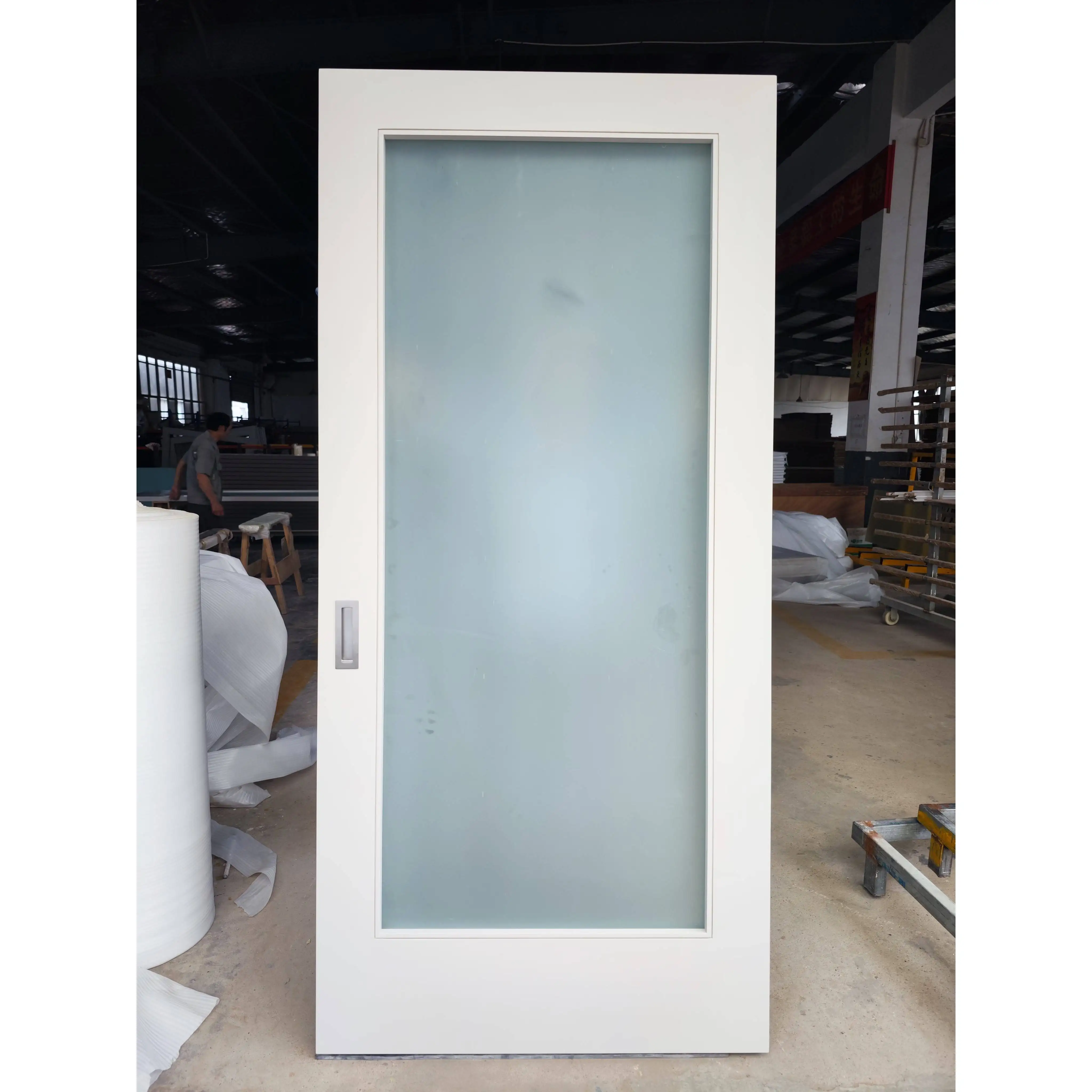 Interior Solid Wood 8ft Unfinished Shaker design Frosted Glass Pocket Sliding Doors