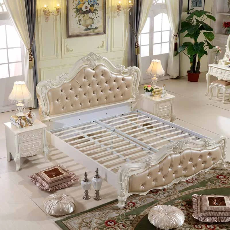 Bedroom Set Furniture Luxury Classic Style Wooden Carved Frame Leather King Size Bed