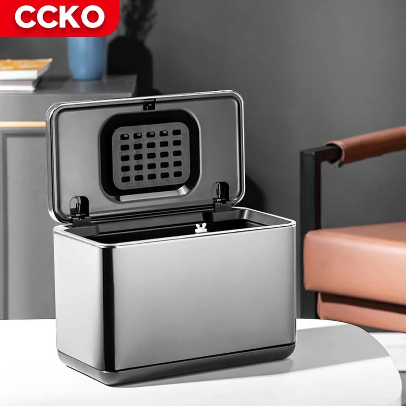 4L Silver White Stainless Steel Mini Trash Can Desk Dust Bin Waste Bins Garbage Can For Kitchen Hotel Restaurant Bathroom Toilet