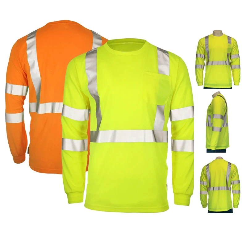 ANSI Class 2 Class 3 Birds-Eye Mesh  Moisture Wicking Long Sleeve t Shirt 100% Polyester Safety Green Hi Vis Workwear  Shirt