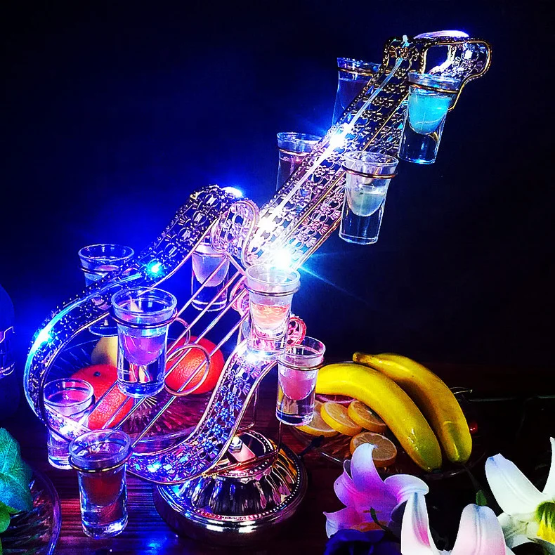 Colorful Rechargeable Acrylic Lighted  guita  Glasses Serving Holder Display Stand LED VIP Shot Glass Service Tray