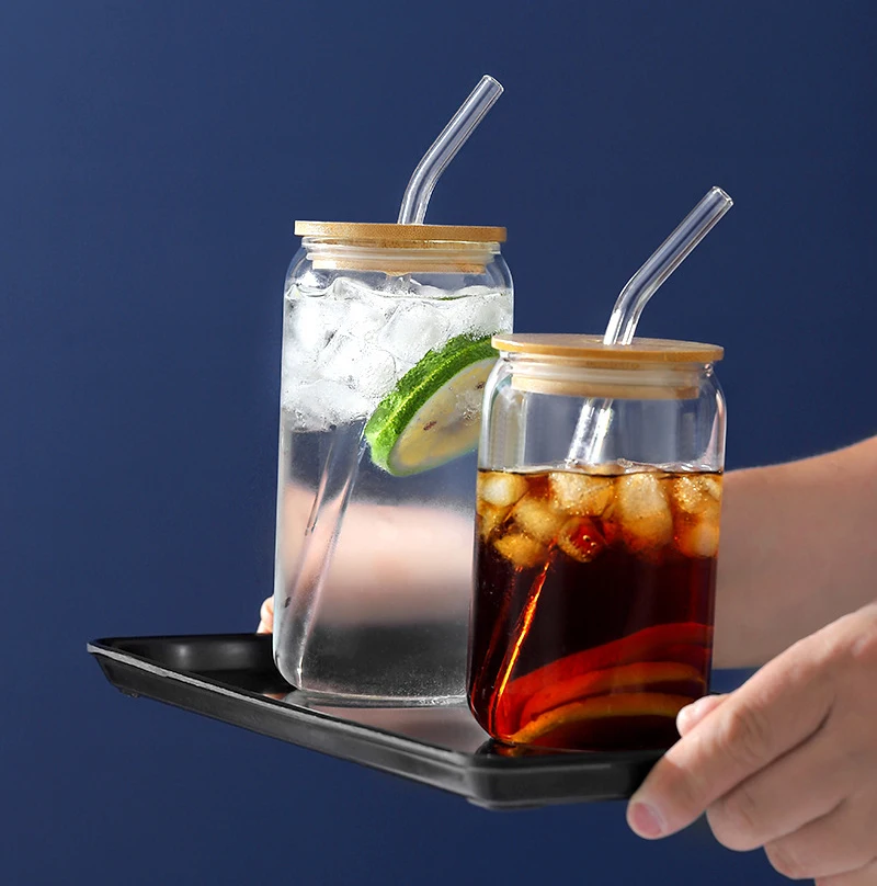 Wholesale bpa free borosilicate glass water bottle drinking glasses with bamboo lids and glass straw