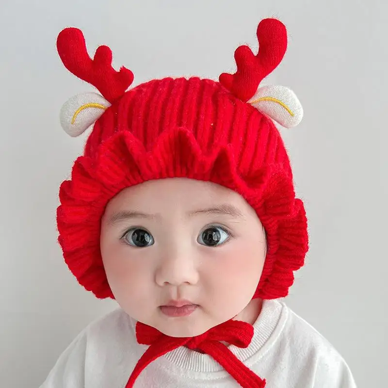 Cute Deer Elk Antlers Baby Hat Winter Warm Plush Knitted Ear Warmer Children Hat Bonnet  Cap Beanie Christmas Hats