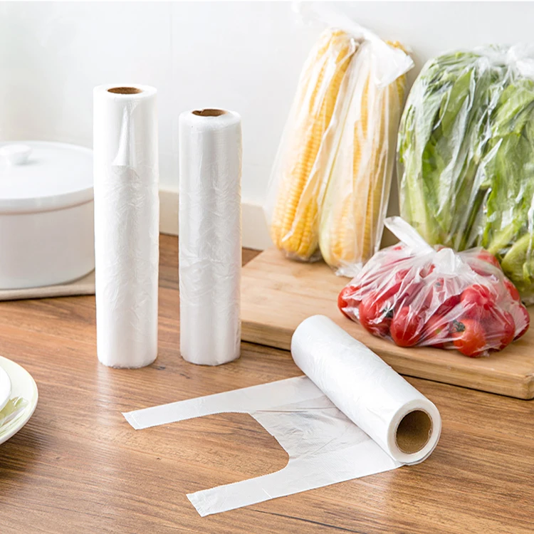 Custom supermarket vegetable and fruit t-shirt shopping plastic packaging grocery carrier t shirt packaging bag on roll