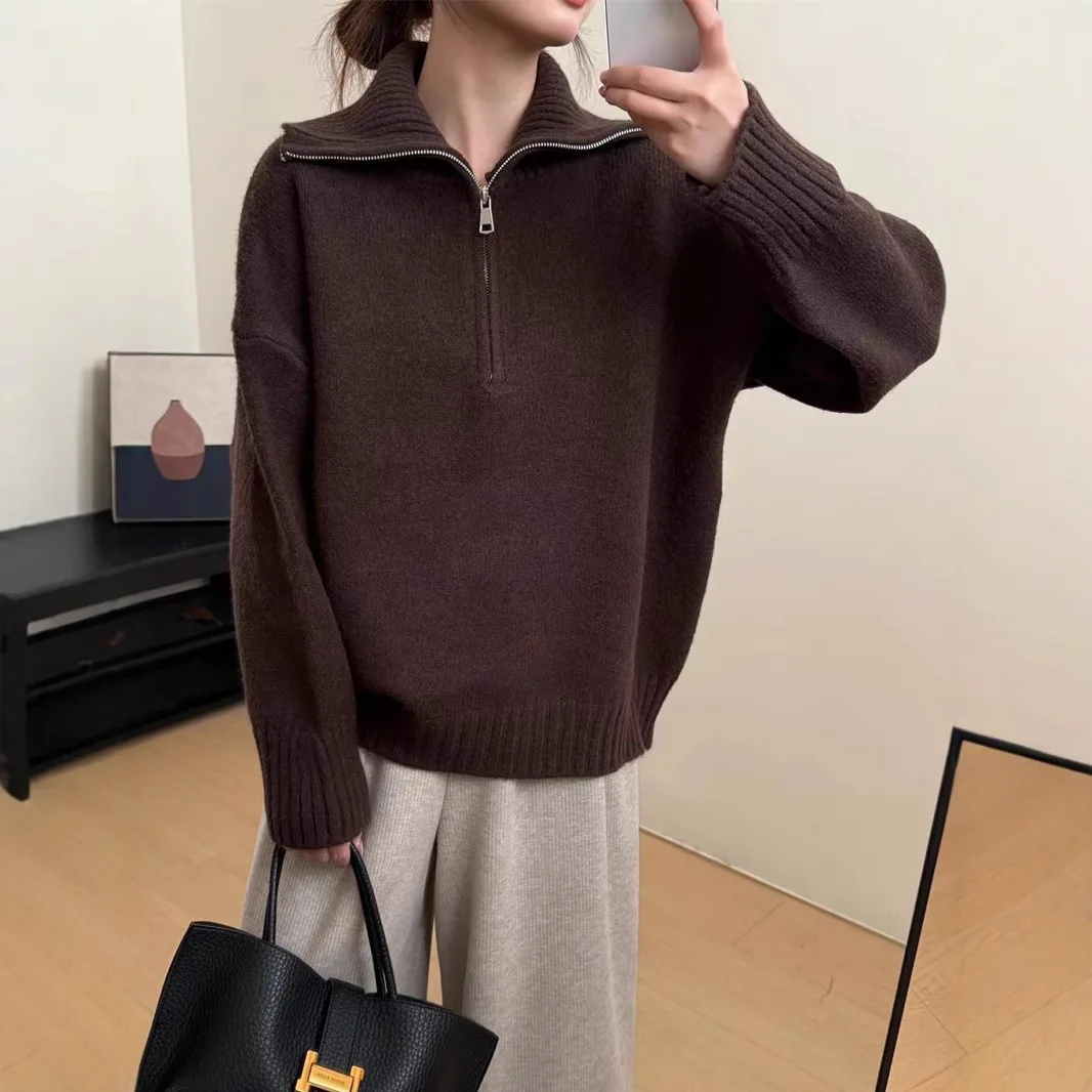 Wholesale Fashion Autumn and Winter Pullover Jumper Half High Neck Zipper Casual Knitted Sweater Women