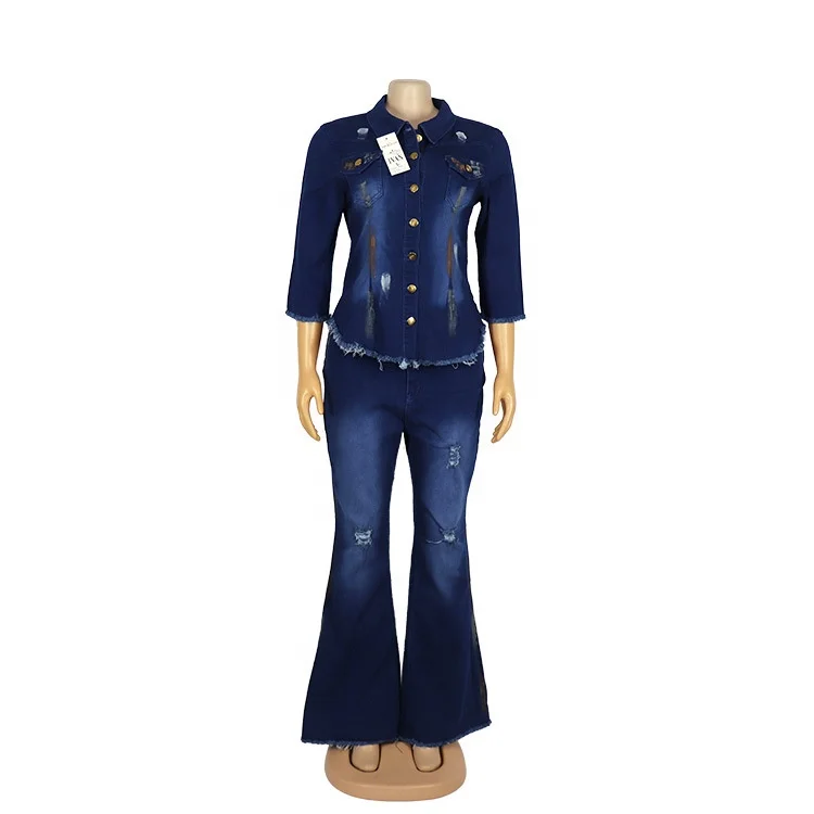 African wash denim jacket pencil pants two-piece African women jeans pants suits