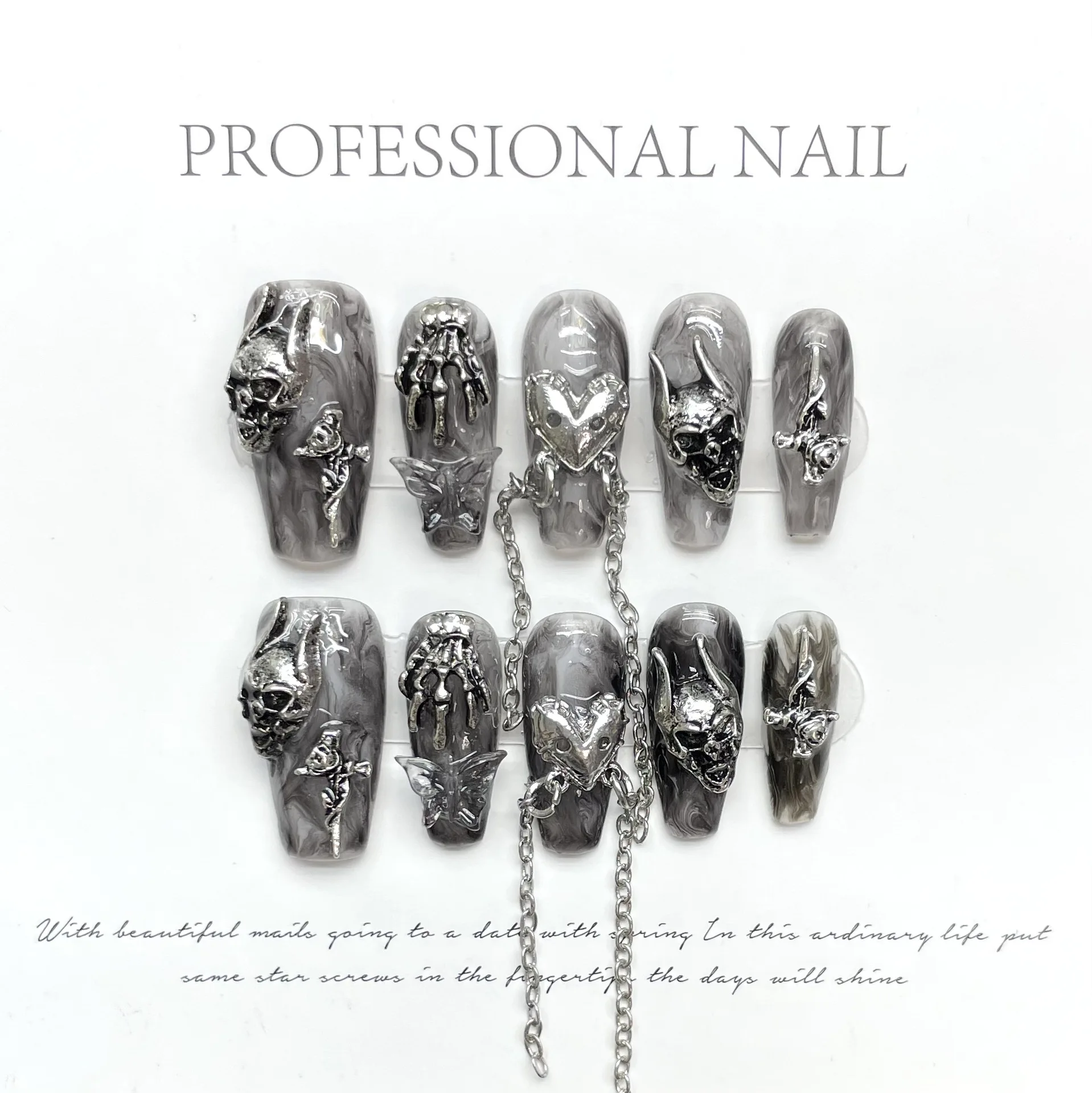 Handmade  Fake Nails Artificial Cat Eye Stylish Spider Skeleton 3D French Fashion Nail Set For Women and Girls