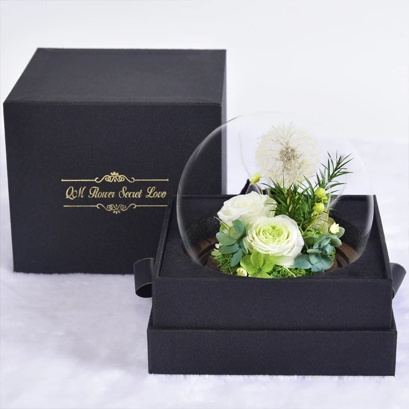 Wholesale preserved Dandelion eternal preserved rose in glass dome for Living Room Decoration Dried Flower Christmas gift