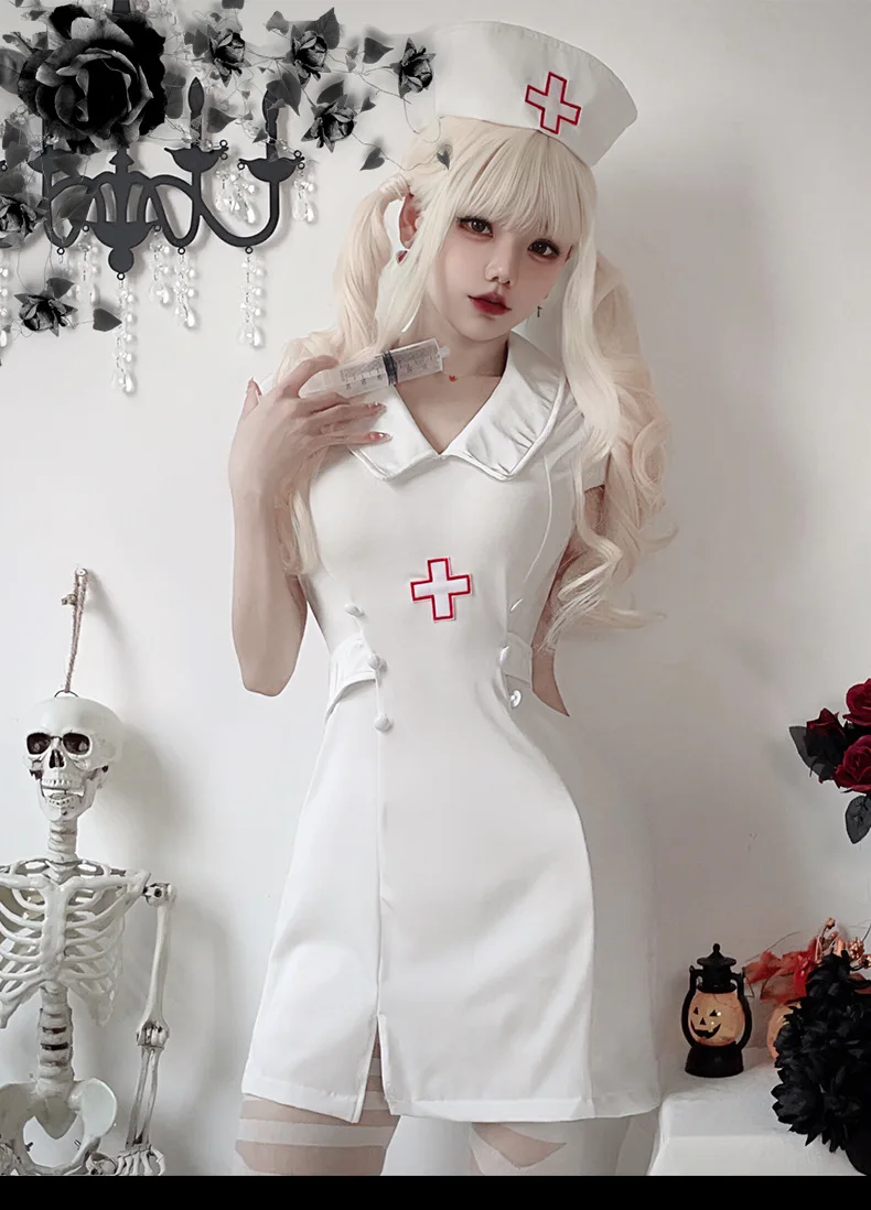 Sexy Nurse Cosplay Halloween Costumes for Women Multi Piece Set Fancy Party Anime Carnival Uniform Dress Vestidos Hat
