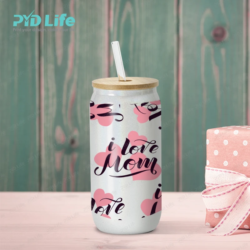 PYD Life Free Sample 18 oz Custom Logo Cola Soda Tumbler Mug Cup Clear Sparkling Rainbow Sublimation Blanks Glass Beer Can