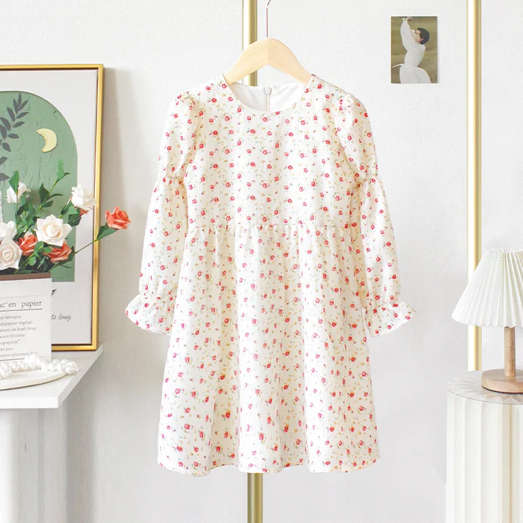 2024 new arrival fashion spring causal ruffle long sleeve floral print kids baby girls dress for 3-8 years