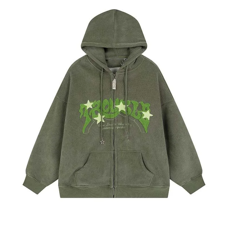 Y2K Zip Up Hoodie For Women Men Letter Star Graphic Print Hooded Corduroy Sweatshirt Jacket High Quality Embroidery Hoodie