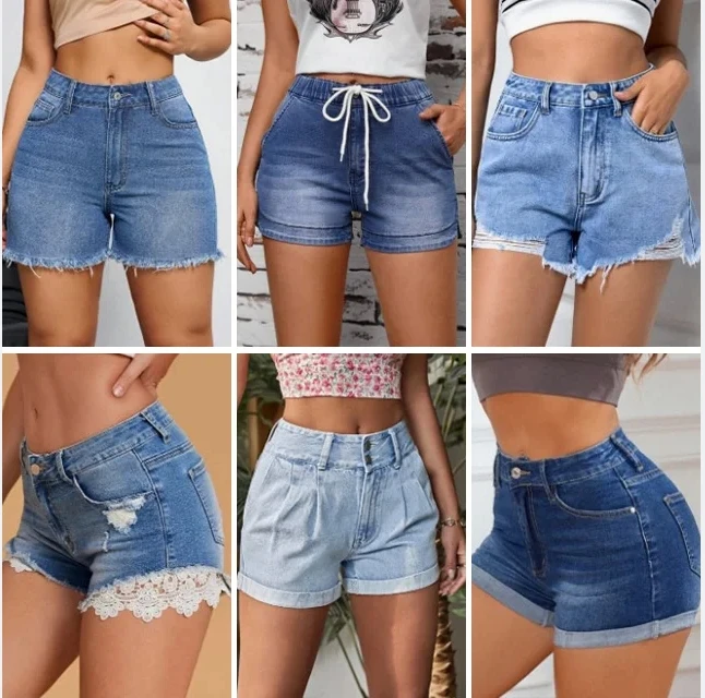 New Fashion Style Skinny Light Blue Wash Ripped Denim Summer Mix Apparel Stock Women Jeans Shorts