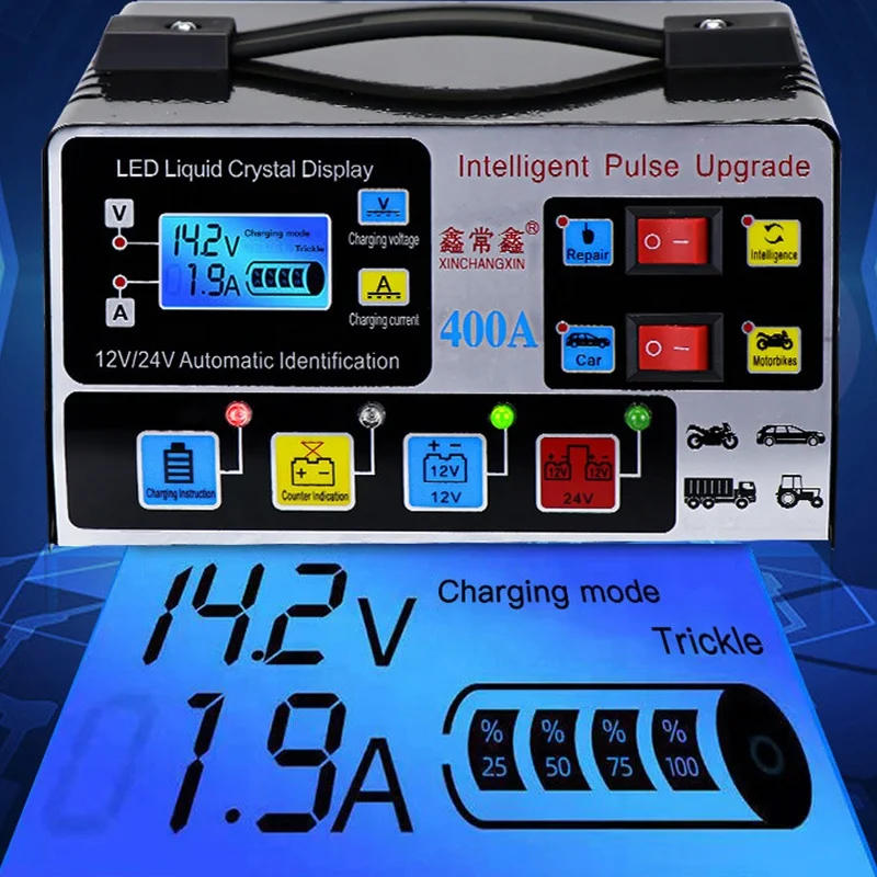 US EU Plug Use 12V24V 220W Car Battery Charger Fully Automatic High Frequency Intelligent Pulse Repair Charger LCD Display