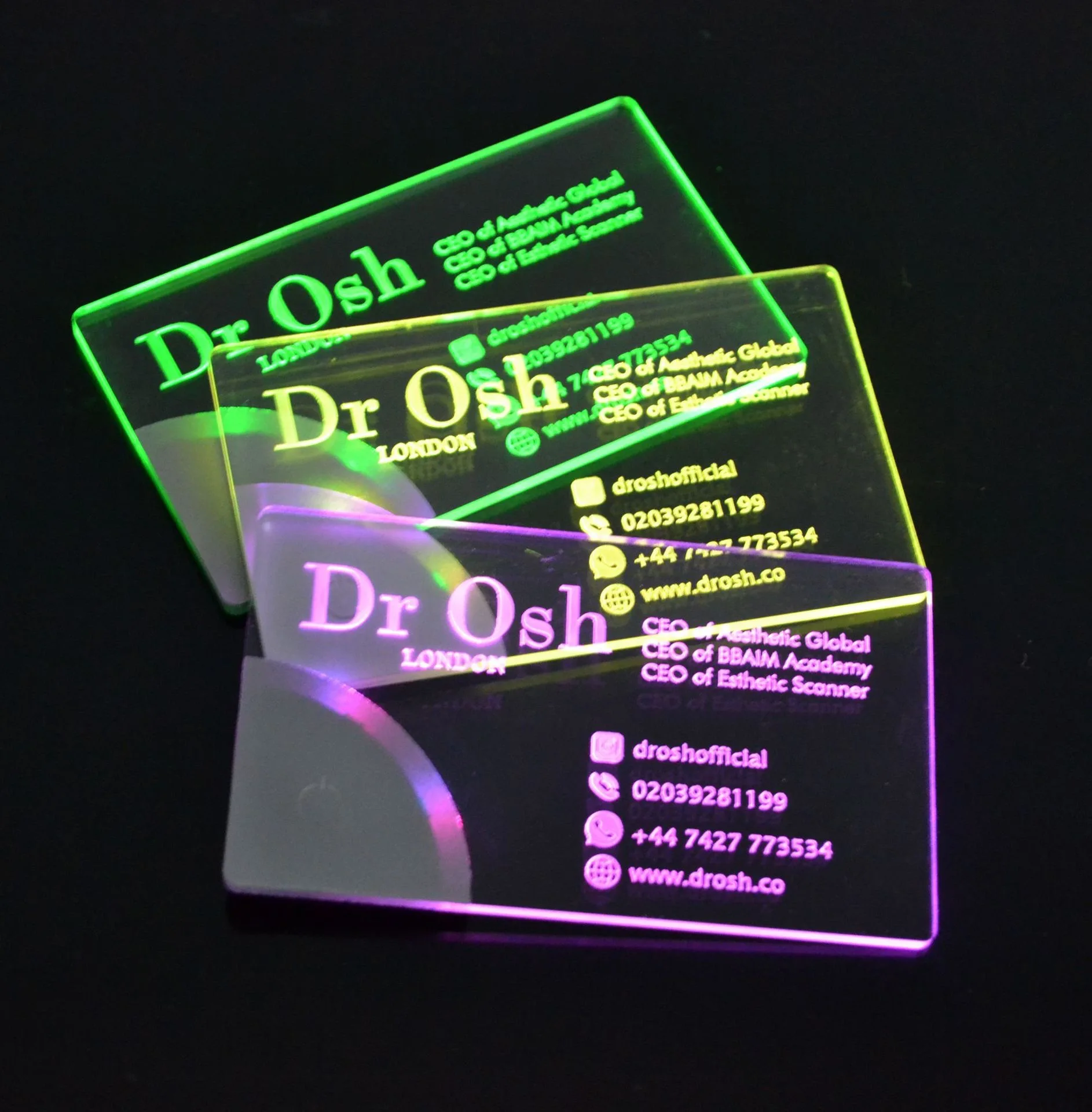 Acrylic Custom Logo Brand Name Transparent Glowing LED Light Up Business Cards For Invitation Advertisement