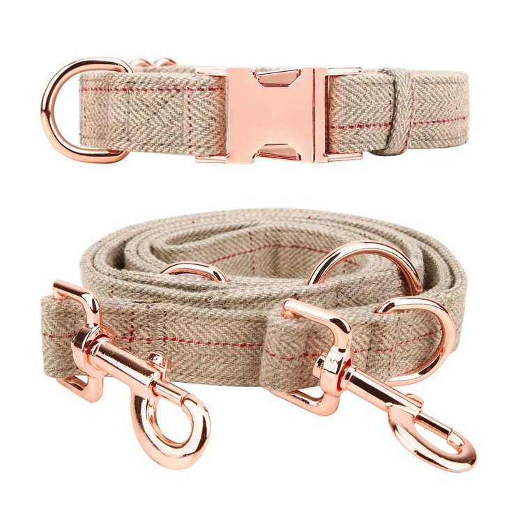 Wholesale  Personalized Designer Inspired Luxury Pink Tweed Hemp  Rose Gold Dog Collar And Leads