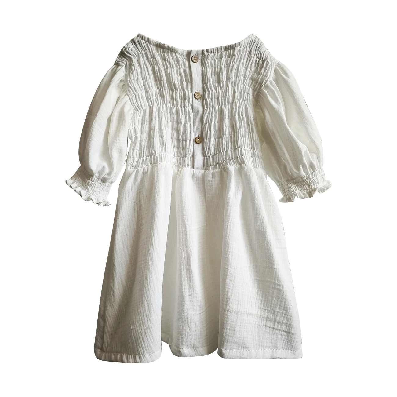 New Design Crepe Organic Cotton Summer Ruffle Shoulder Striped Button-Front Dress Baby Girl Dresses