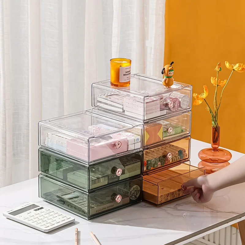 China Strength Factory Custom Plastics Storage Cabinet Drawers Transparent Small Stackable Desktop Storage Box With Handle (1600572246129)