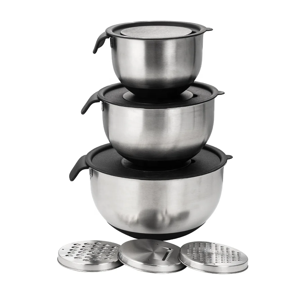Modern Large Size Big Flour Salad Mixing Bowls Mirror Finished Stainless Steel Mixing Bowl Set With Lid And Grater