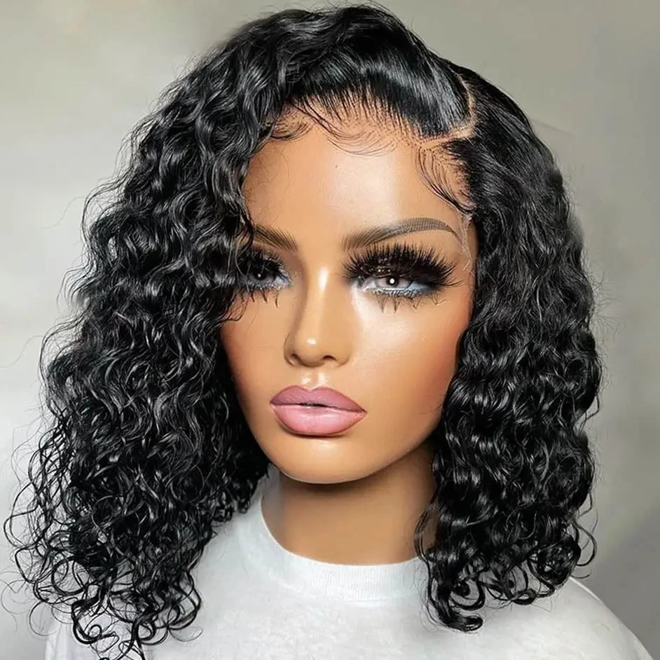 Glueless Bob Front Wigs,hd transparent lace front wig,indian human hair water wave curly lace frontal weaves and wigs