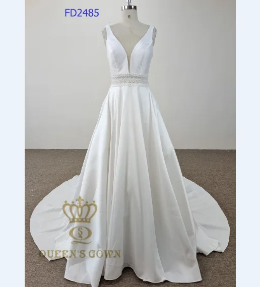 QUEENS GOWN FD2485 graceful bridal weddingdress deep-v neck simple elegant sleeveless chapel train bridal gown