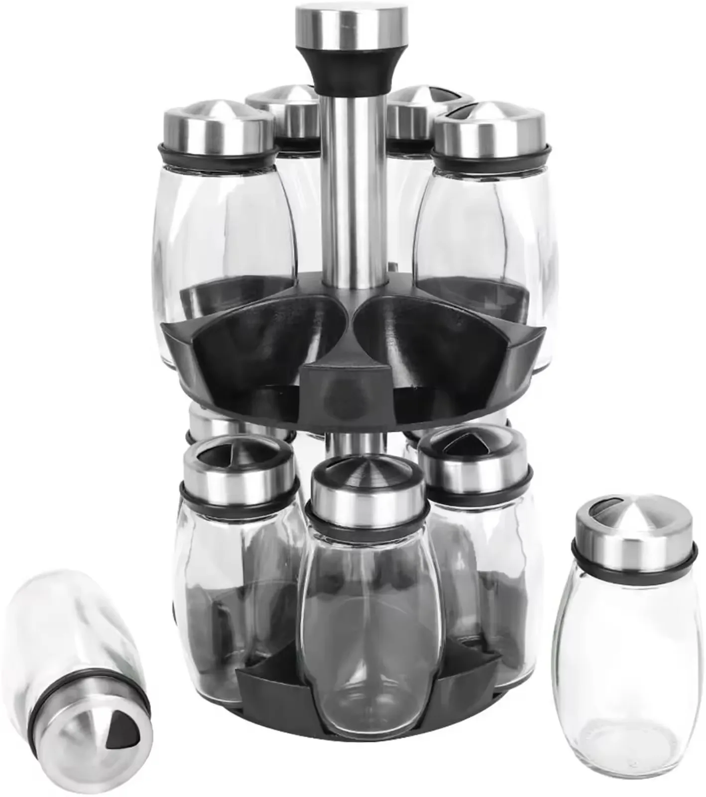 Spice Rack Organizer Kitchen Countertop Spice Storage Rack Swivel Rack Tower Set with 6 Glass Spice Refill Container Jars