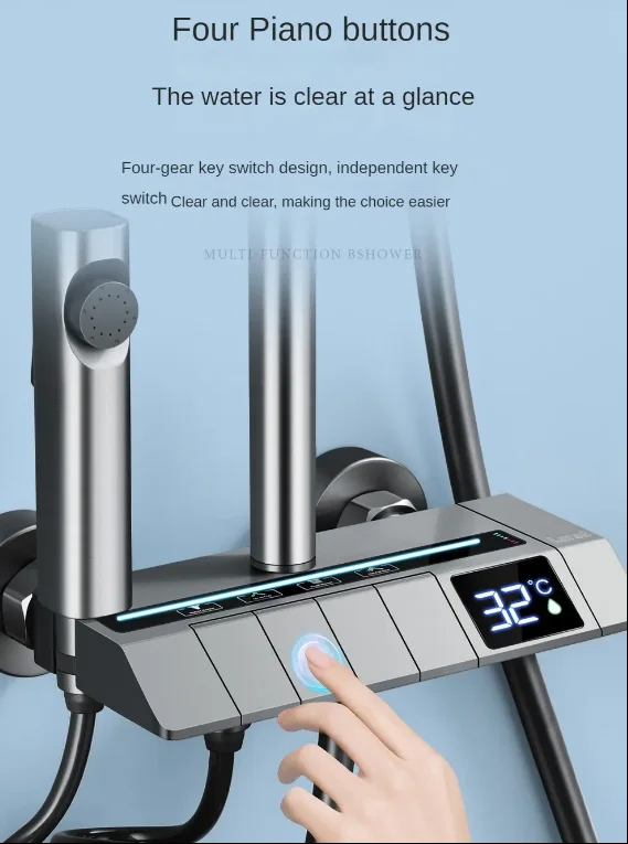 Top1 Gray Piano Key Digital Display Faucet Shower System 4-Function Smart Tap Jet Gold Bathroom Set Bathtub shower set