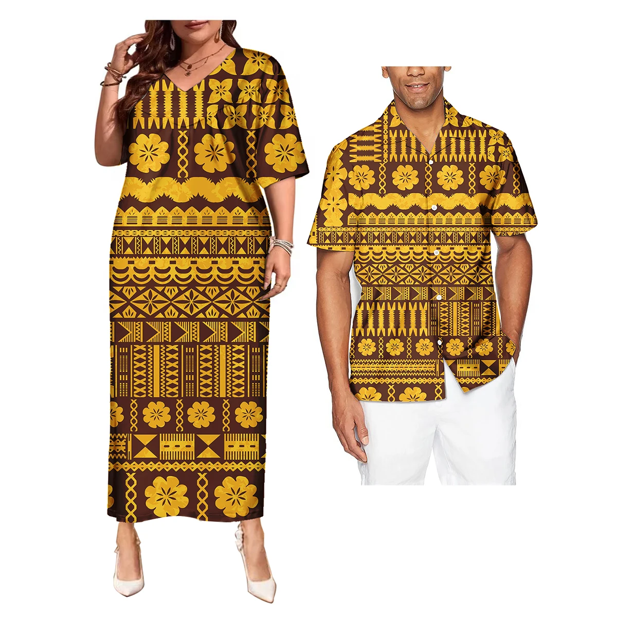 Wholesale Hawaiian Printed Couples Clothing Dress And Shirts Vintage Polynesian Tribal Floral Print Short Sleeve Couple Clothes
