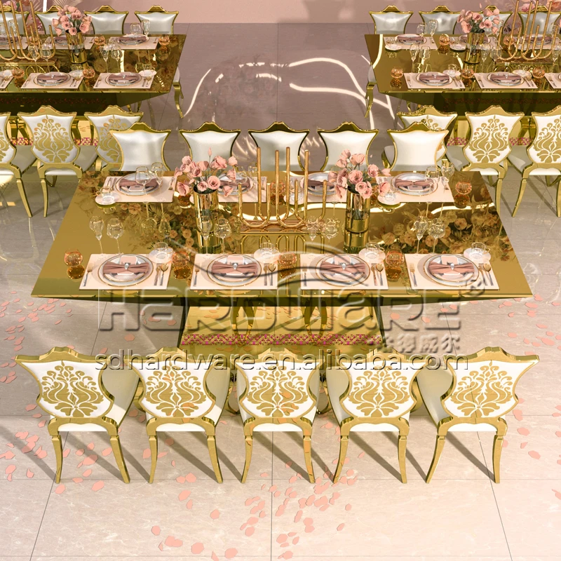 New Design Golden Glass Top Long Led Illuminated Wedding Dining Table Led