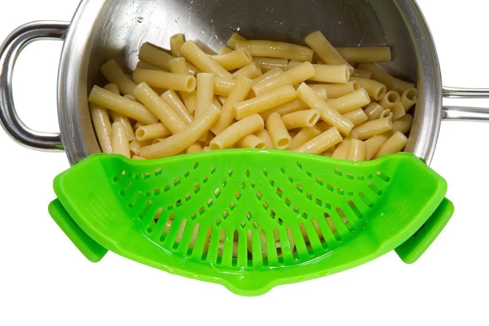 
Multi color dishwasher safe extensible foldable fit all pot size clip on silicone snap pot pan strainer 