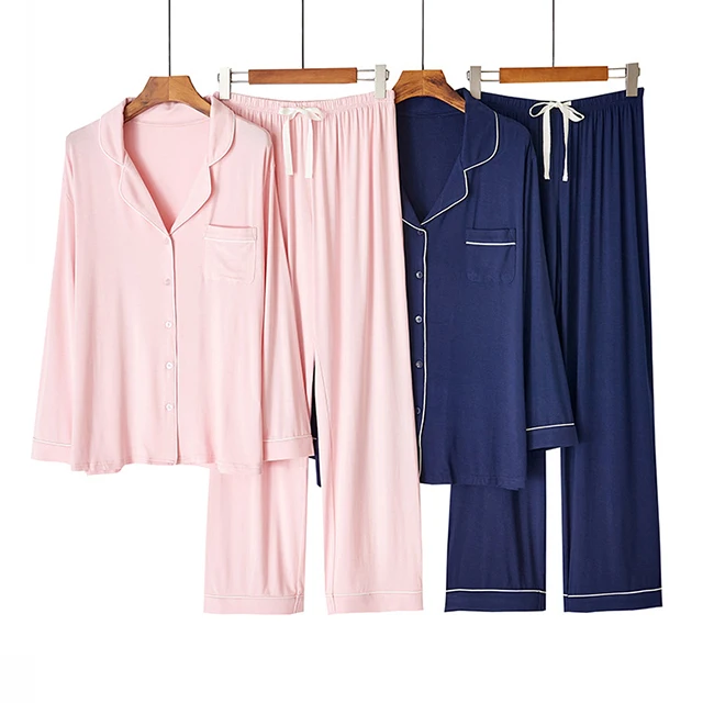 plain dyed knitted bamboo pajama set for women