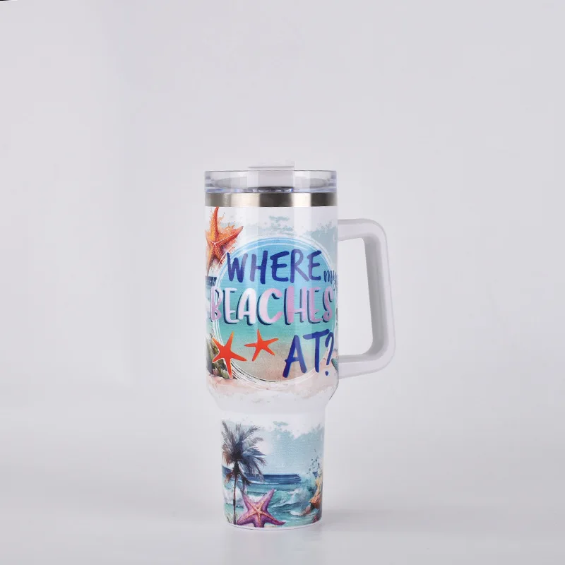 Creative 304 stainless steel insulated cup with handle portable printed car cup   with Lid Straw for Water