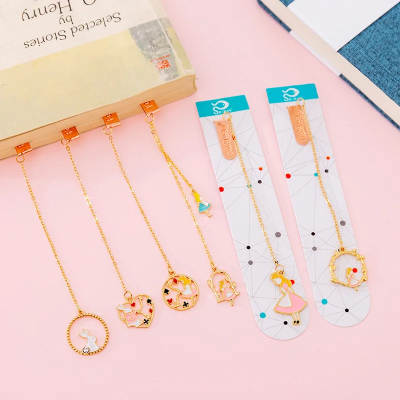 gold metal Bookmark with long chain Tassel Pendant, cute korean stationery fashionable flower Cherry blossoms charm bookmark