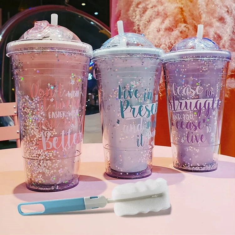 Manufacturers Wholesale Gift Glitter Hot Cold Beverage 420ml 14oz Double Wall Plastic Cup with Cat Ear