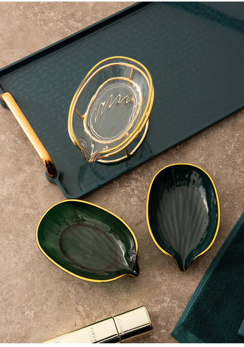 Leaf Shape Soap Dish Holder,Soap Dish Holder With With Golden Metal Stand,Elevated Soap Dry Dishes