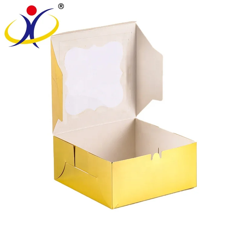 Custom Golden Color Cake Paper Box With Flower Window Bakery Takeout Cupcake Packing Folding Paper Box