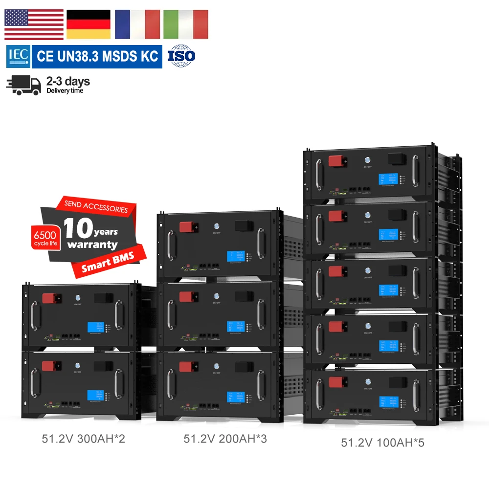 Rack mounted 51.2V 5KW 10KW 15KW Solar Inverter Rechargeable LFP4 AKKU Lithium ion Battery Pack 48V 300Ah LiFePO4 Battery